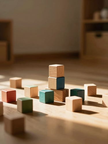 Warm environmental photography of a beautifully curated playroom with wooden blocks under soft sunbeams, shallow depth of field