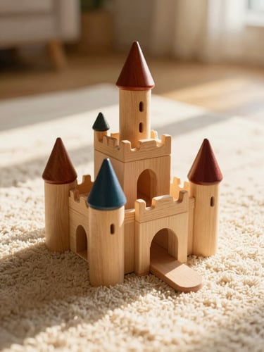 Warm golden-hour sunlight spilling over a beautifully arranged wooden castle toy on a soft cream rug, shallow depth of field, 35mm photography