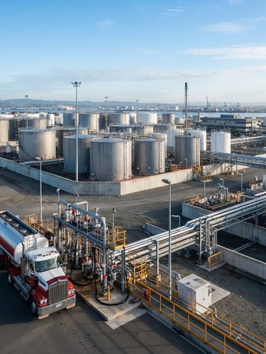 Wide environmental shot of a massive fuel terminal under a crisp morning sky, towering steel storage tanks, concrete containment barriers, heavy-duty tanker truck parked in the foreground, industrial editorial photography, cool steel tones with high-contrast safety accents.