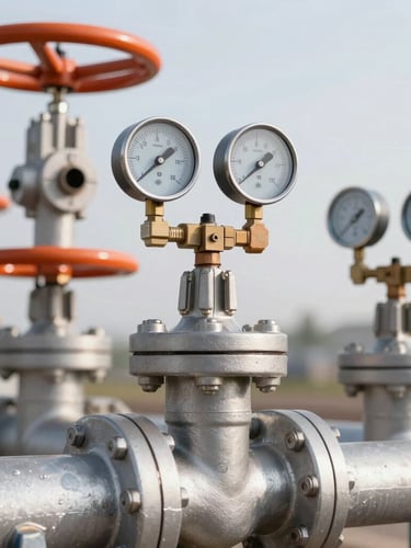 Close-up macro shot of heavy industrial steel valves and safety pressure gauges on a terminal pipeline, crisp morning daylight, safety orange accents, sharp focus
