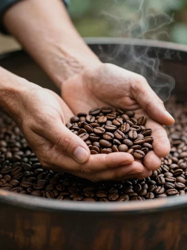 Close-up of hands of an artisan roaster holding freshly roasted, warm brown coffee beans over a rustic wooden tray, soft warm incandescent lighting, shallow depth of field, rich textures.