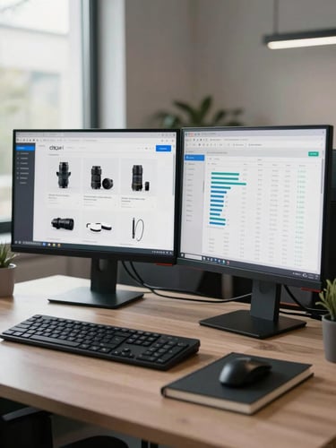 Wide-angle view of a designer's dual-monitor workspace in a daylit office, left monitor displaying a clean e-commerce product page UI, right monitor showing analytics dashboard with conversion data, keyboard and notebook in foreground, natural window light from the left