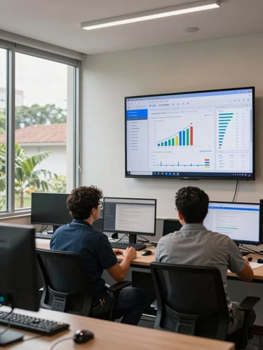 Wide environmental shot of a Brazilian agency workspace, a large wall-mounted screen displaying a live Meta Ads campaign report with charts and ROAS figures, two team members mid-conversation in front of it, natural daylight from a floor-to-ceiling window on the left, desks and monitors visible in the background