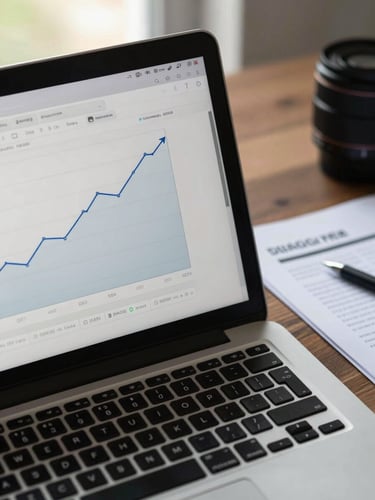 Close-up overhead view of a laptop screen showing a web analytics report with upward trend lines, natural window light from the upper left, a printed campaign brief beside the keyboard, daylight office workspace context