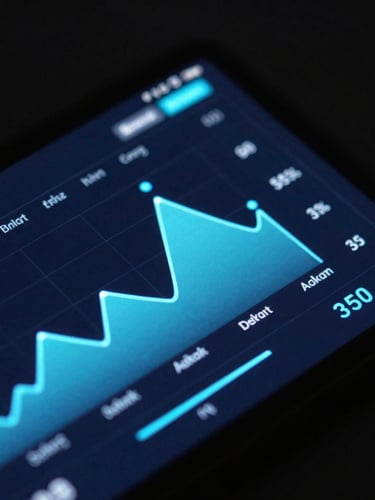 Close-up of a high-fidelity Android device screen showing a dark-mode system monitoring interface with neon blue graphs, dramatic low-key lighting, shallow depth of field, 35mm