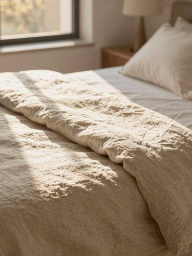 Close-up editorial photography of fresh, crisp linen sheets on a modern bed, warm morning sunlight streaming through a nearby window.