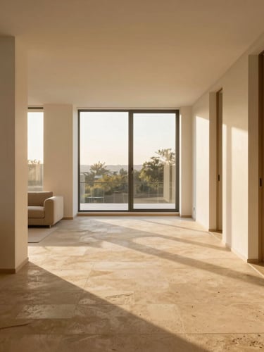 Straight-on architectural shot of a bright modern apartment living room, golden-hour window light casting long shadows on sand-colored stone floors, minimalist design.