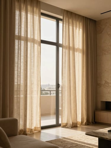 Warm architectural photography of a sun-drenched modern living room in Dubai, golden-hour window light casting soft shadows on linen curtains.