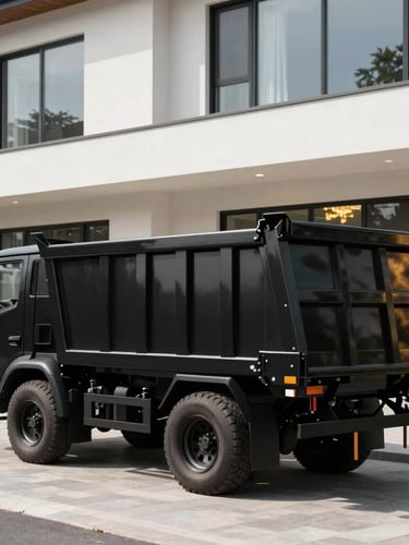 A clean black professional dump trailer parked neatly on a paved driveway next to a modern architectural home under crisp daylight.