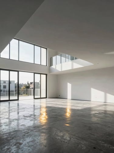 Wide-angle architectural photography of a pristine, newly constructed modern residential interior with high ceilings and dramatic daylight reflecting off clean concrete floors.