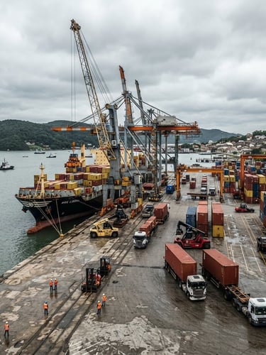 Wide panoramic view of the port of São Francisco do Sul under overcast daylight, showing large container ships, heavy cranes, and flatbed trucks being loaded. Industrial logistics photography, high-contrast steel and safety orange tones, sharp focus.