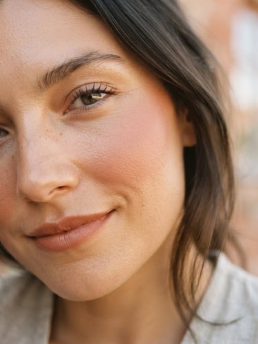 Warm editorial photography, close-up of clean skin texture with soft blush, diffused natural daylight, gentle terracotta tones, 35mm