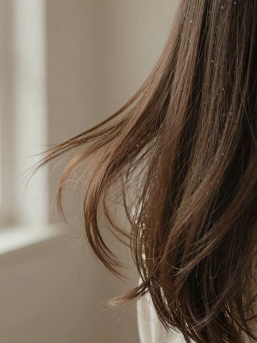 Close-up of healthy hair texture in motion, warm editorial photography, soft natural window light, muted travertine and taupe tones, shallow depth of field, 35mm