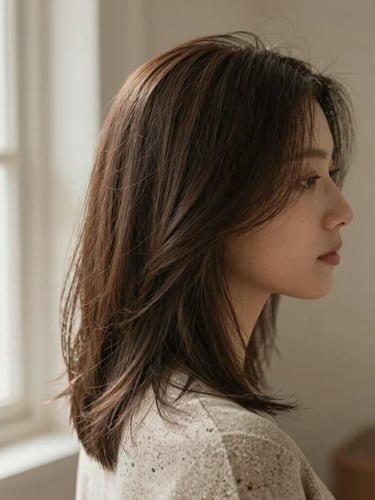 Warm editorial photography of a client's profile in soft natural window light, highlighting healthy hair texture and muted travertine tones, shallow depth of field, 35mm