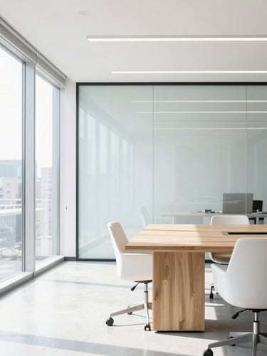 Bright, high-key daylight office interior, clean modern wood and glass meeting room, minimalist composition, sharp focus