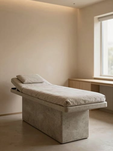 Warm editorial photography of a serene minimalist clinic interior with warm concrete and soft linen, soft diffused daylight, muted sand and warm gray tones, shallow depth of field, 35mm