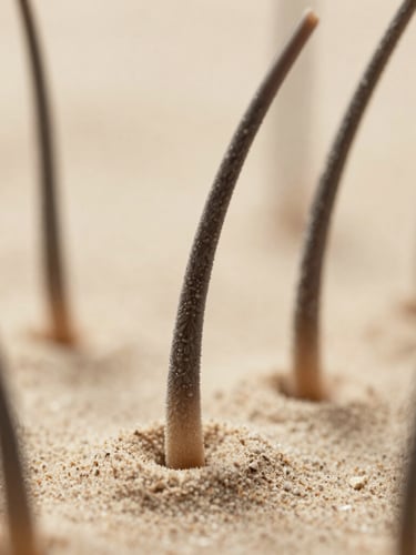 Macro close-up of healthy hair follicles under clean clinical light, soft focus, warm sand background, scientific and premium