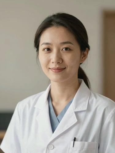 Warm editorial portrait of a second female doctor, natural daylight, professional and approachable expression, soft focus, muted warm-gray tones.