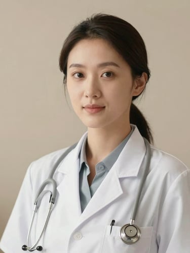 Warm editorial portrait of a female doctor with soft natural daylight, shallow depth of field, professional and elegant attire, neutral sand background.