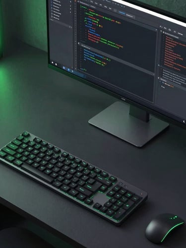Overhead view of a modern digital workspace with code editor open on a sleek monitor, glowing electric green accents, dark slate desk surface, 35mm