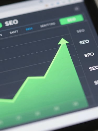 Macro close-up of a modern SEO dashboard showing upward ranking curves, electric green neon accents, sharp focus, cool studio lighting, 35mm