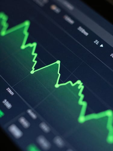 Macro close-up of a high-contrast digital analytics dashboard with neon green line graphs on a deep slate screen, sharp focus, 35mm