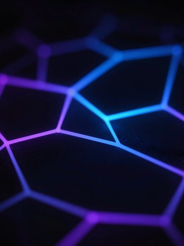 Low-key dark tech aesthetic, abstract 3D geometric nodes representing secure data flows, illuminated by sharp neon blue and violet rim lights, deep shadows, 35mm macro focus