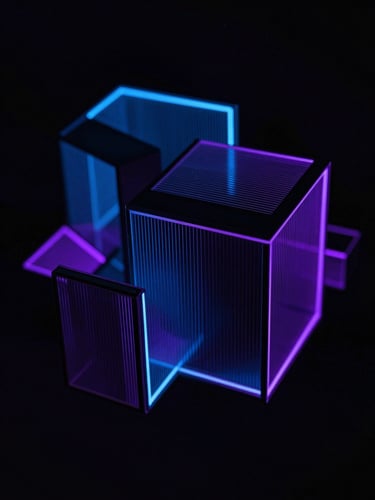 Dark low-key photography of abstract 3D geometric structures representing data flows, neon blue and violet accent lighting, high-contrast tech aesthetic, sharp focus