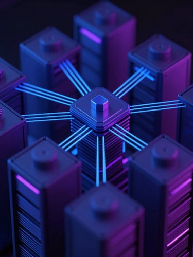 Abstract 3D geometric structure representing complex server architecture and secure data flows, dark neon blue and violet lighting, high-contrast, macro focus, 35mm