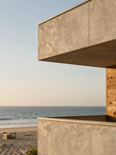 Minimalist architectural detail of the Tide-Line beachfront balcony, warm editorial photography, golden-hour coastal light, soft sand tones, 35mm, concrete and teak textures, unobstructed ocean horizon in the background.
