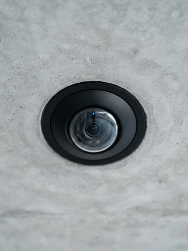 Macro shot of a pristine, flush-mounted black dome camera on a clean concrete architectural soffit, cool daylight, sharp focus, 35mm