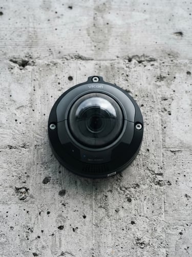 Macro shot of a pristine dome camera mounted on a clean architectural concrete surface, cool daylight, sharp focus, 35mm