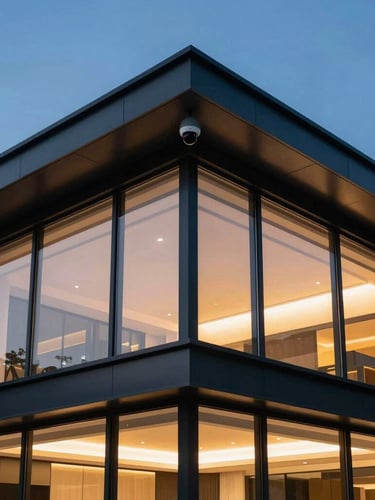Low-angle architectural shot of a modern glass and steel villa at twilight, a tiny black dome camera seamlessly integrated into the dark steel roofline, warm interior lights glowing, sharp focus, 35mm.