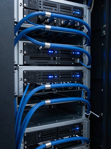 Close-up of immaculate cable management inside an organized server rack, technical blue status lights, crisp architectural photography, cool daylight, 35mm