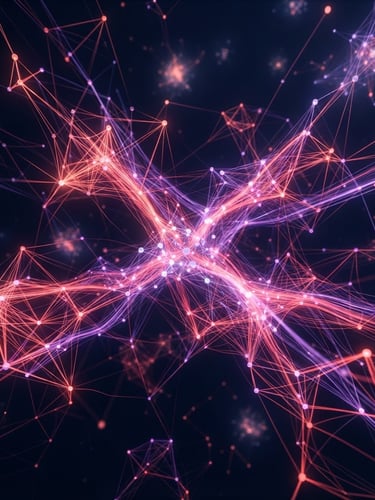 Sleek 3D render of interconnected glowing network nodes, dark-field illumination, vibrant coral and violet neon edge glows, deep midnight navy background, wide panoramic frame, abstract data flow visualization.