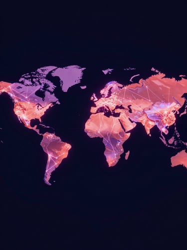 Abstract 3D render of a global network map, glowing lines connecting major cities, dark-field illumination, subtle coral and violet neon edge glows, deep midnight navy background, isometric perspective.