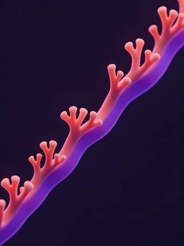 Abstract 3D data graphic, showing a smooth, consistent upward financial flow, glowing coral and violet lines against a dark background