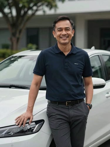 A warm, professional portrait of Rahimi, a Singaporean male instructor in his 40s, standing next to a clean modern sedan, smiling reassuringly under soft daylight.