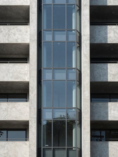 Minimalist architectural shot of a modern glass elevator shaft integrated into a concrete residential building, clean vertical lines, cool natural daylight, sharp focus.