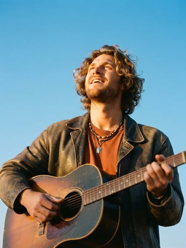 Low angle portrait of a musician looking upward into warm golden-hour sunlight, clear sky background, 35mm film look