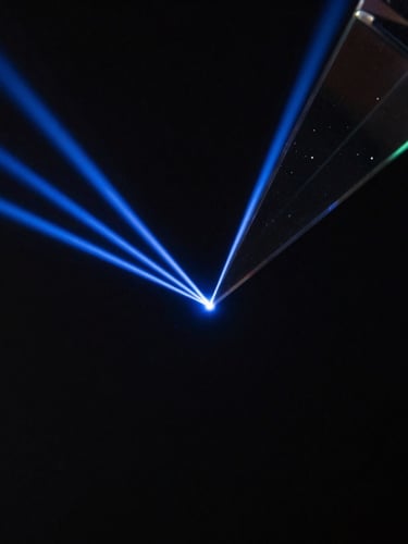 Macro photography of an optical glass prism refracting a single laser-blue light beam into clean geometric rays, high-contrast dark background, 35mm