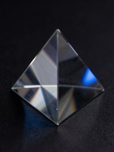 Crisp technical photography of abstract light-refraction patterns through a glass prism on a dark surface, cool low-key ambient light, sharp blue accents, macro lens, 35mm