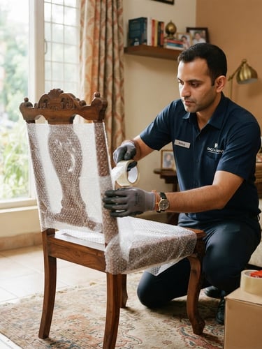 Medium shot of a professional Indian packing crew member in a clean dark blue uniform carefully wrapping a delicate wooden chair with protective wrap, bright natural daylight, authentic Indian home setting.