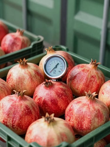 Close-up of digital temperature gauge inside a shipping container filled with crates of fresh pomegranates, crisp lighting