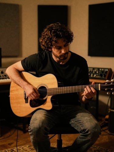 Authentic Turkish musician sitting in a home studio with a guitar, warm tungsten lighting, deep shadows, professional audio gear in the background, moody atmosphere