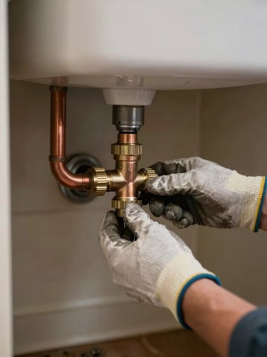 Close-up of a plumber's gloved hands tightening a pipe fitting under a sink in a Newport Kentucky home, task lighting over the work area, copper pipes visible, documentary realism