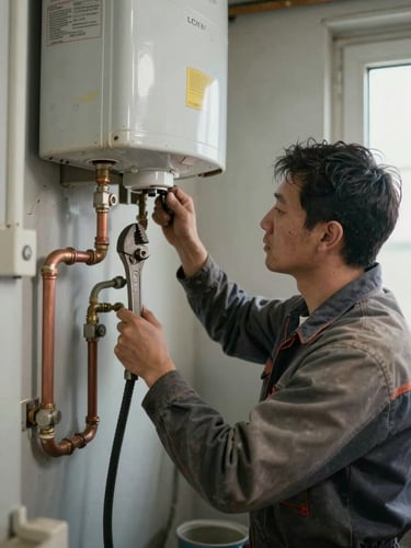 Plumber in worn work clothes replacing a water heater in a tight utility room, pipe wrench in hand, copper lines visible, window light cutting across the scene from the right, documentary framing