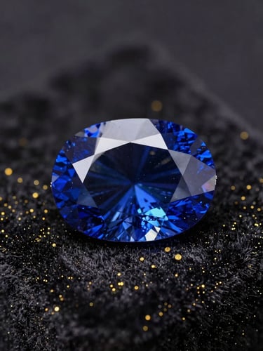 A flawless, deep blue sapphire gemstone, emerald-cut, resting on a dark velvet surface with gold dust accents, sharp chiaroscuro lighting