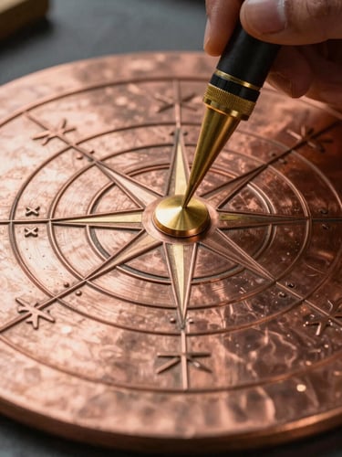 Extreme close-up of a copper Vastu Yantra plate being engraved with precise geometric lines under a single gold directional spotlight.