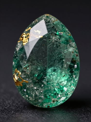 Macro photography of an emerald gemstone showing deep natural internal inclusions and crystalline structure, dark background, sharp gold directional lighting.